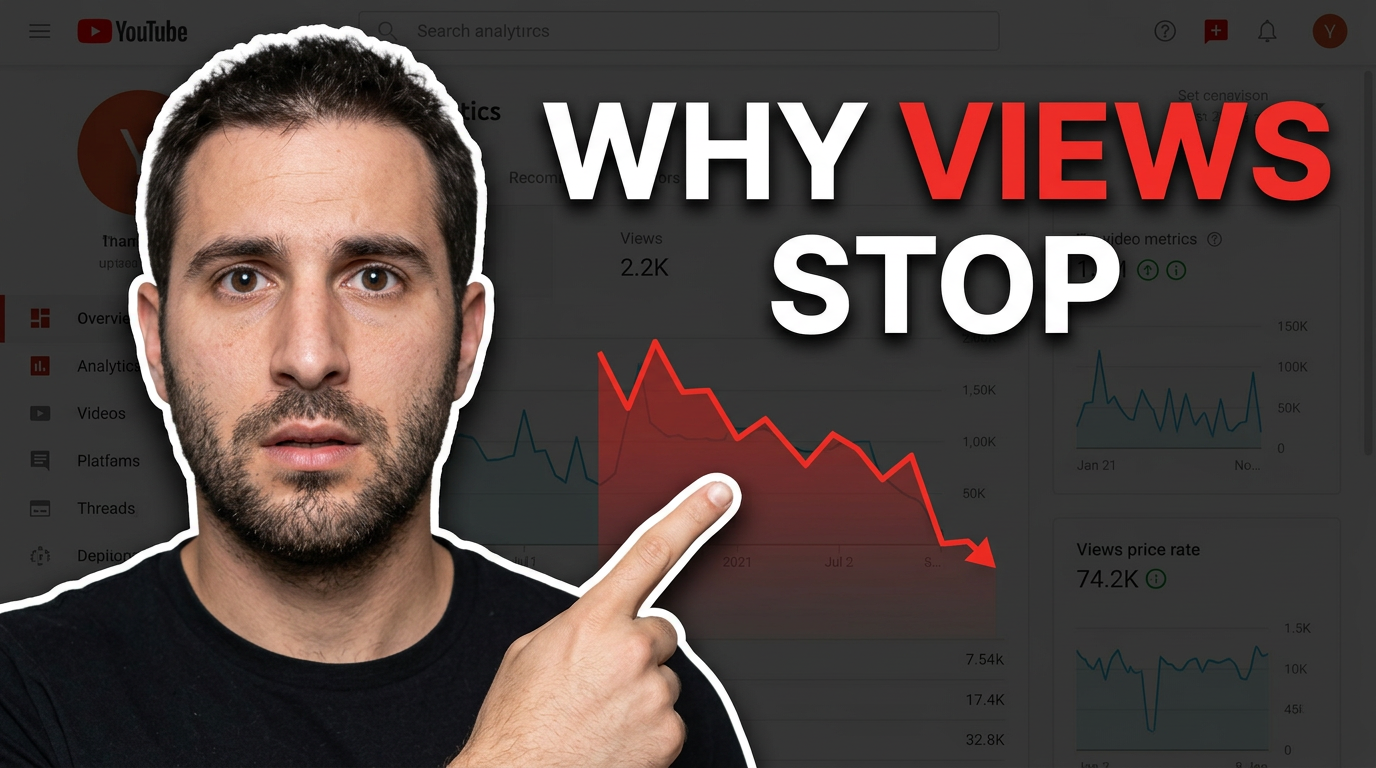 Male creator pointing at a falling chart beside a simplified YouTube video layout