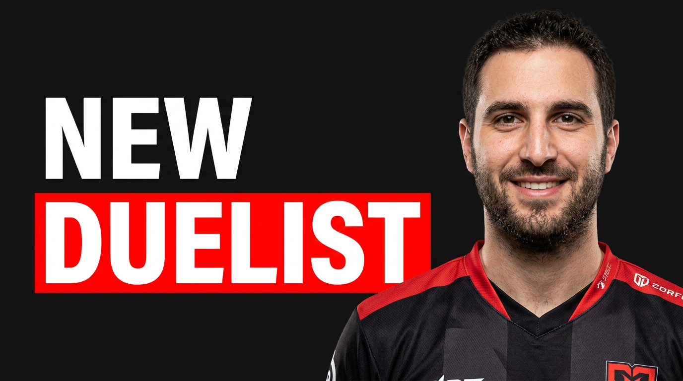 Esports player in team jersey with dramatic arena lighting for a roster announcement thumbnail