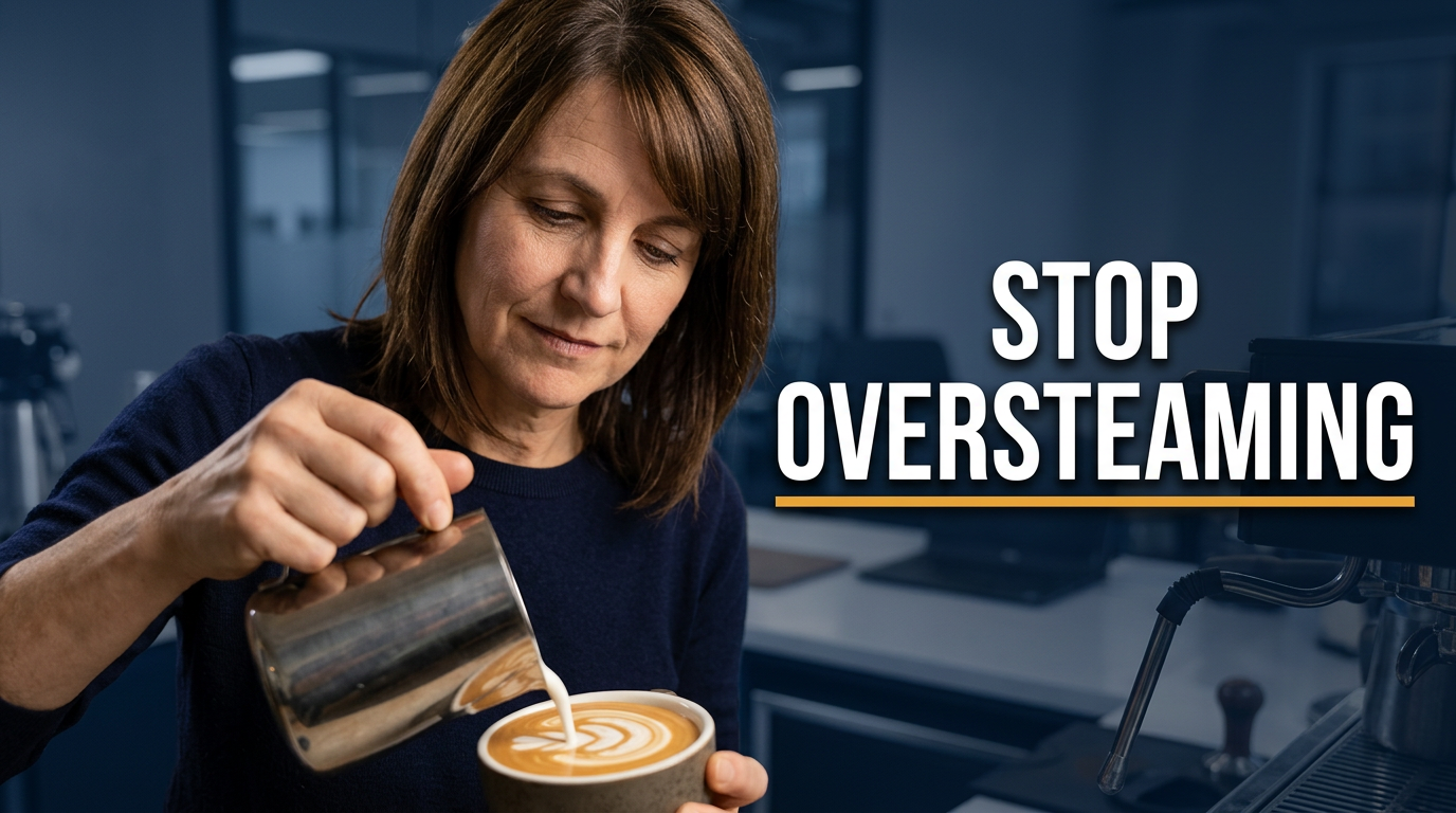 Female barista pouring milk into a latte with a visible rosetta forming