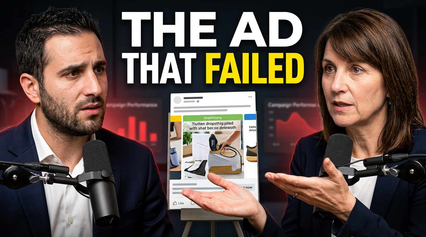 Two ecommerce creators discussing a product ad creative with contrasting concerned and explanatory expressions