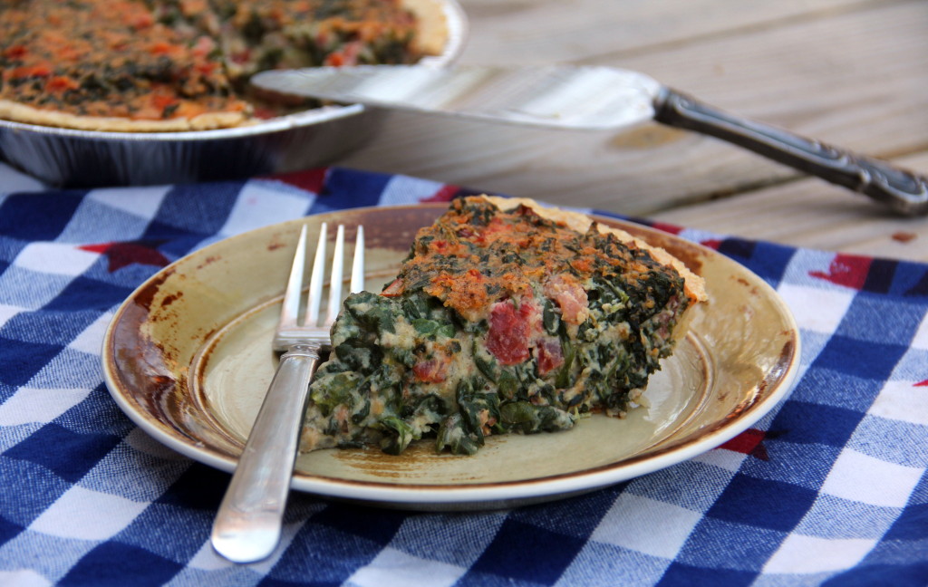 Tomato, Spinach and Cheese Quiche--an Italian herb flavored quiche with Parmesan, Gruyere, and bacon!