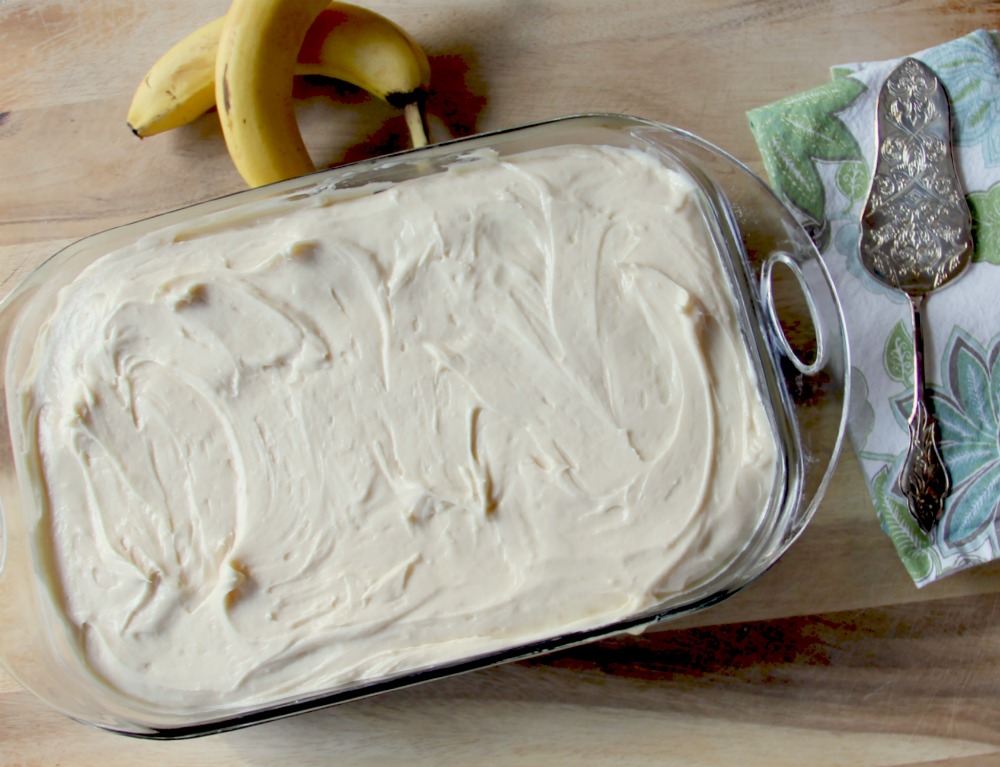 Banana Cake with Cream Cheese Frosting—moist, spicy banana cake with tangy cream cheese frosting!