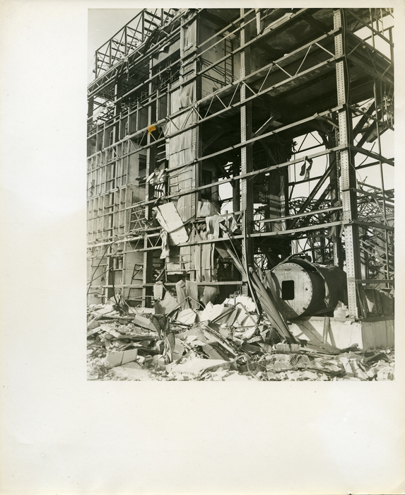 [Corrugated iron stripped from walls by blast, Chugoku Electric Company Substation, Hiroshima]
