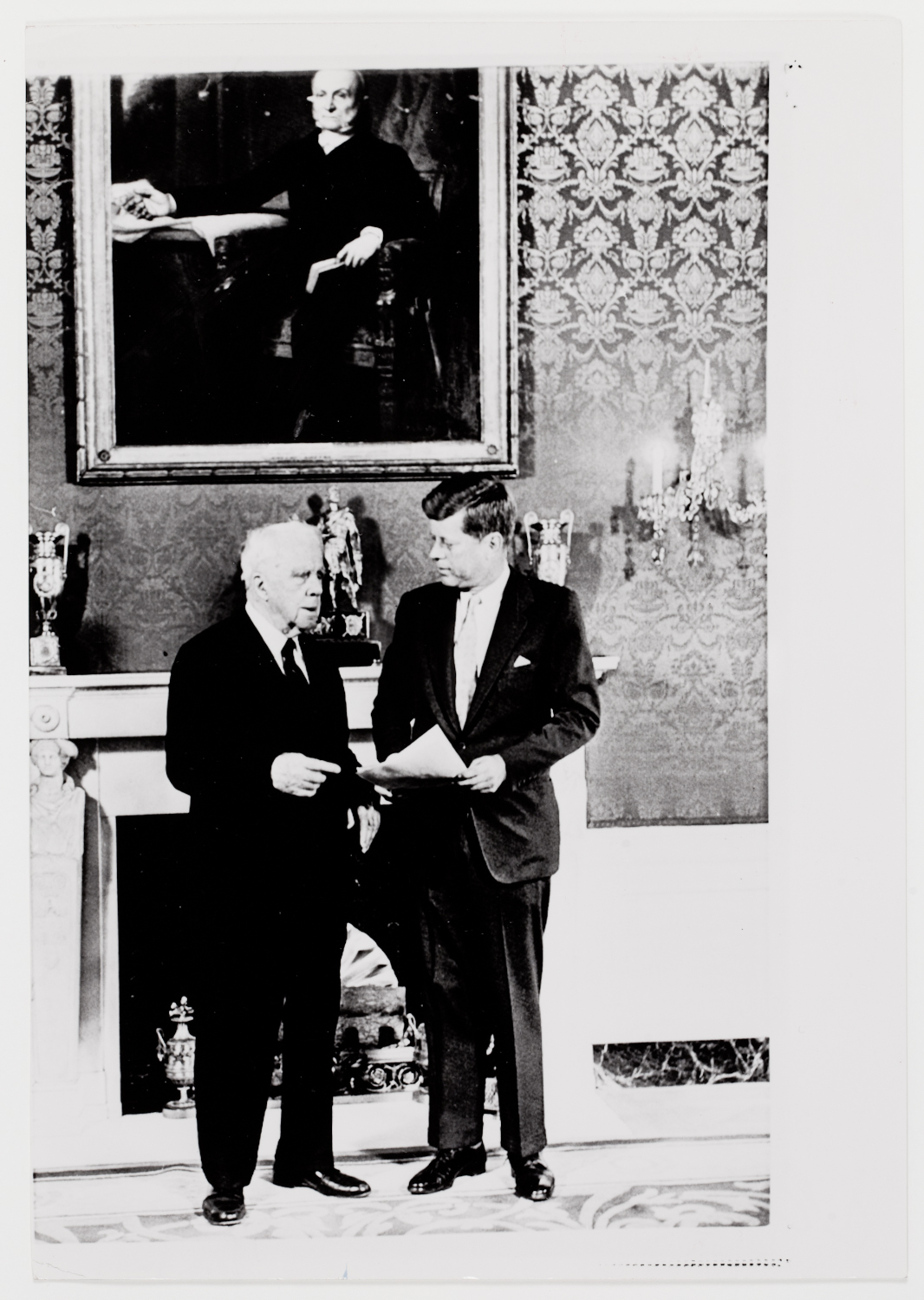[President John F. Kennedy and poet Robert Frost in the White House Green Room, Washington, D.C