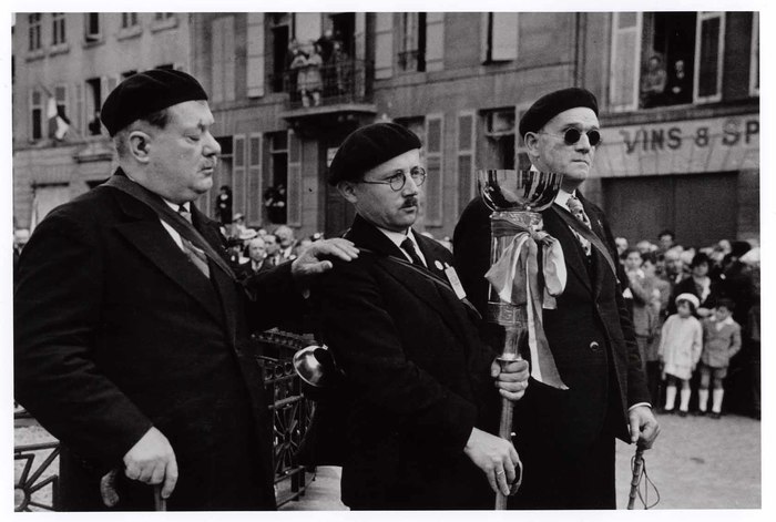 [Blind French veterans at the peace rally held to commemorate the twentieth anniversary of the World War I battle of Verdun, Verdun, France]