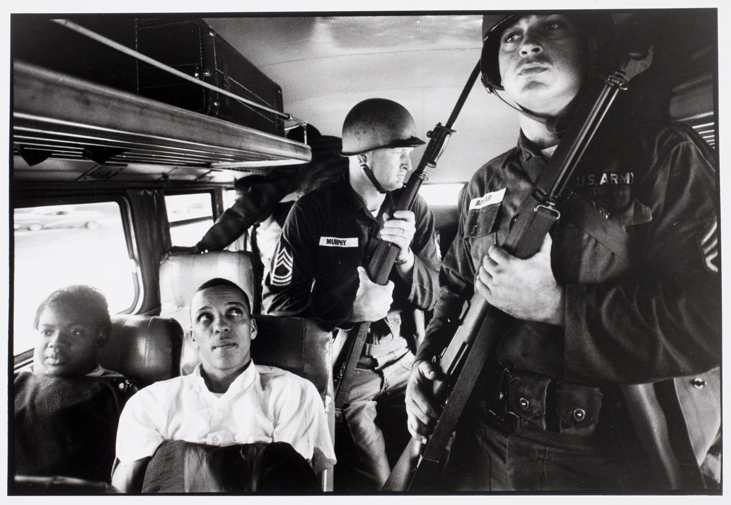 National Guard escorts Freedom Riders on bus on way from Montgomery
