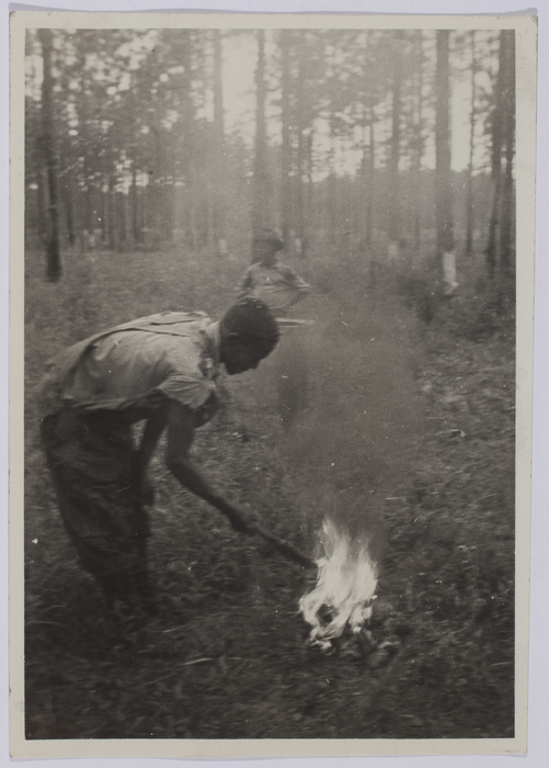 [Boy tending fire on turpentine farm]