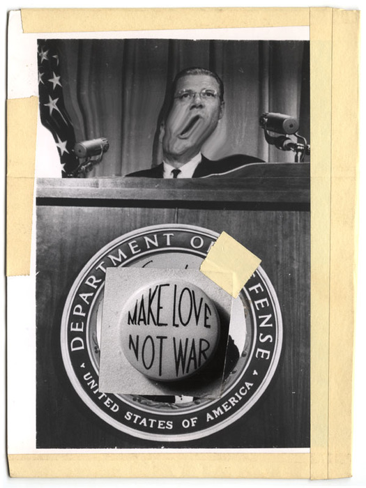 [Robert S. McNamara distortion with Make Love Not War button]