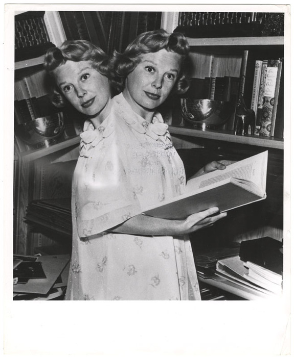 Two headed actress with book (distortion)