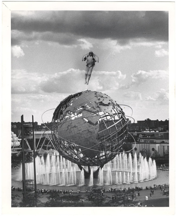 Jet Man Flying over Unisphere (distortion)