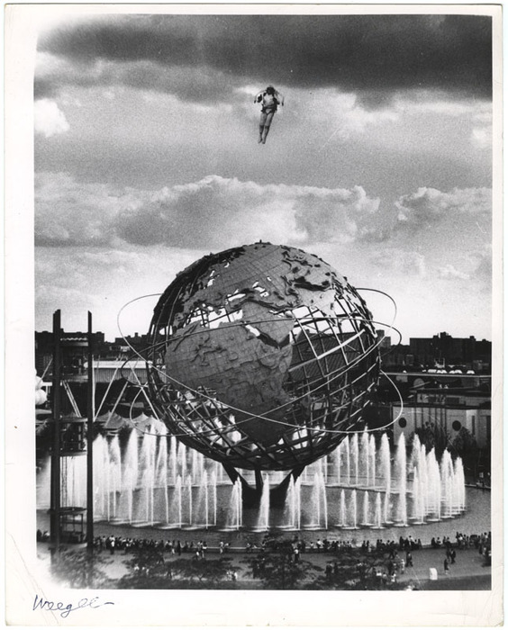 Jet Man Flying over Unisphere (distortion)