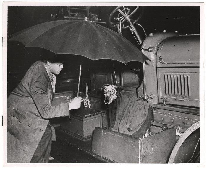 [Smokey, covered with a rubber coat and sheltered by a bystander's umbrella, waiting for water tower to be shut off]
