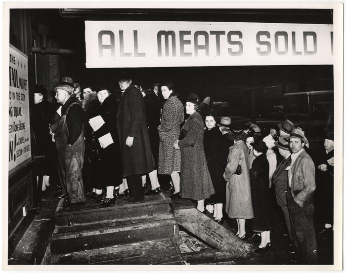 [Wartime rationing: crowds in front of J. & A. Solomon meat market, New York]