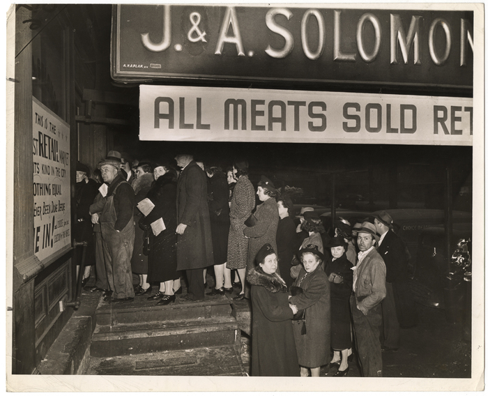 [Wartime rationing: crowds in front of J. & A. Solomon meat market, New York]