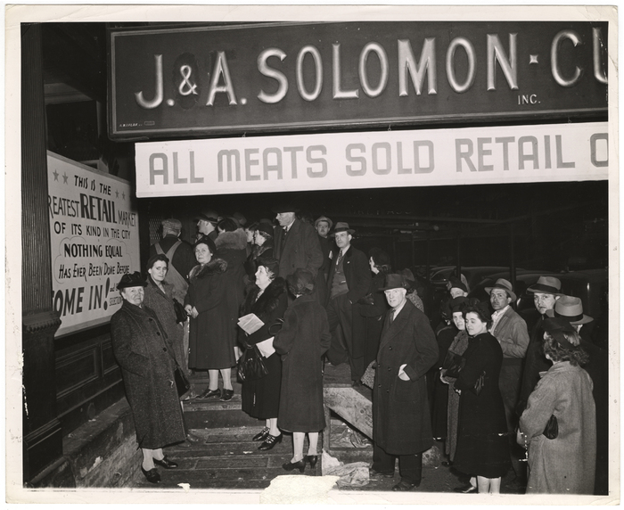 [Wartime rationing: crowds in front of J. & A. Solomon meat market, New York]