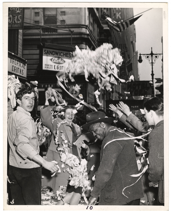 [Celebration in the Garment District on Japanese offer to surrender, New York]