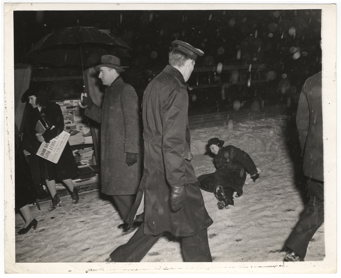 "Oops - another pedestrian loses his footing on slippery drifts."