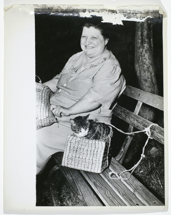 [woman and cat on bench]
