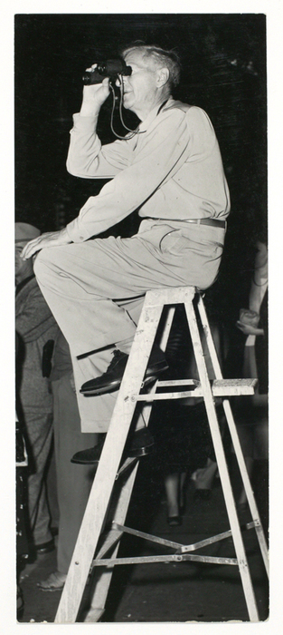 [Man sitting on ladder and looking through binoculars]