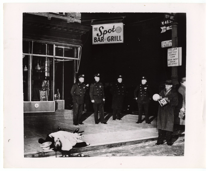 [Weegee and police with body of longshoreman David “the Beetle” Beadle outside the Spot Bar and Grill, New York]