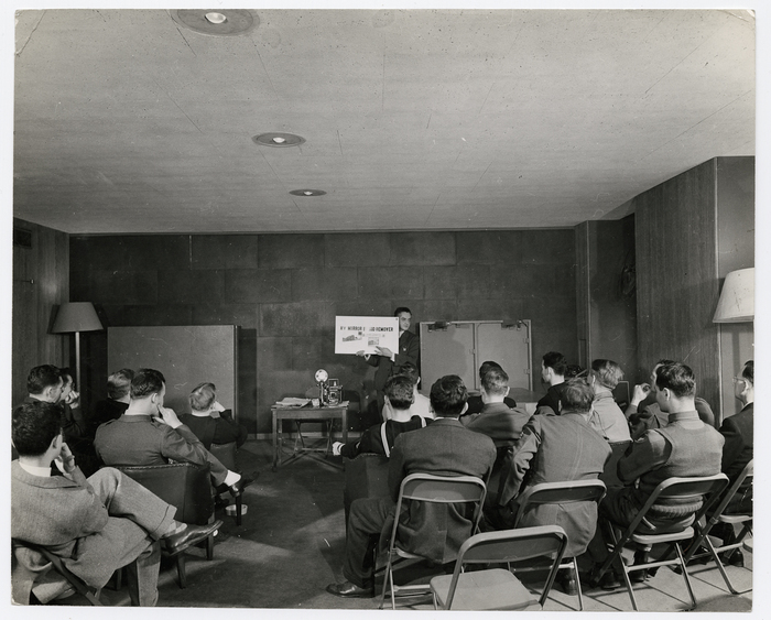 [Weegee lecturing at LIFE Magazine Photography School for the Armed Forces]