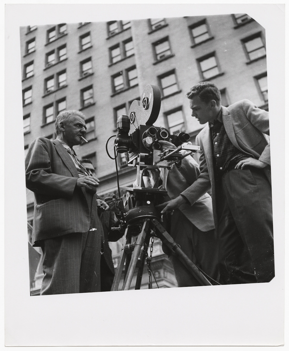 [Weegee working on the Louis de Rochemont film "Windjammer"]