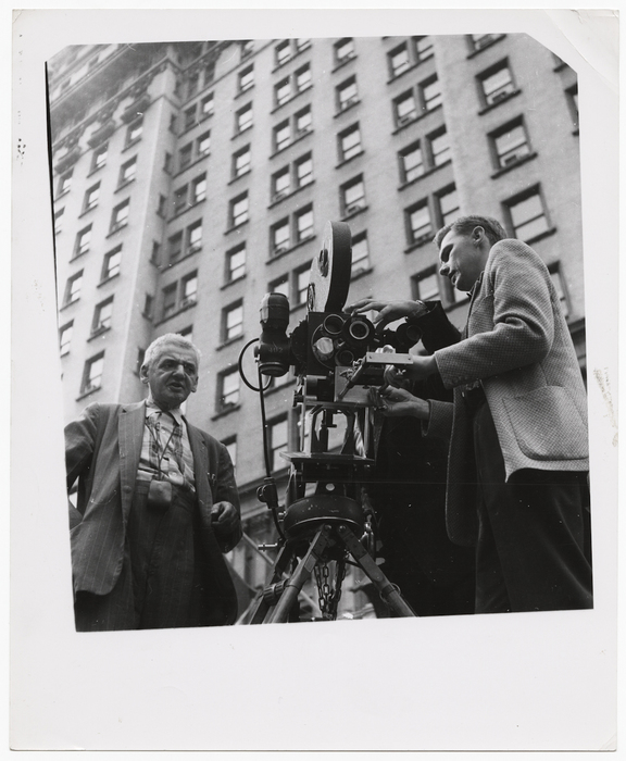 [Weegee working on the Louis de Rochemont film "Windjammer"]