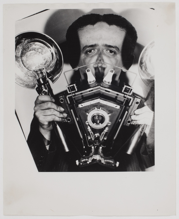 [Distorted Self-Portrait of Weegee with Speed Graphic Camera]