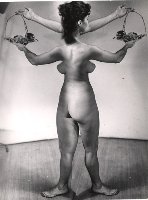 [Female nude with fruit basket distortion]