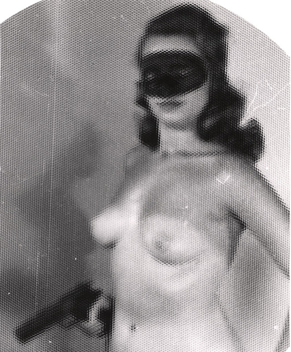 [Masked female nude with gun distortion]