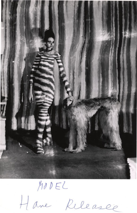 (Model wearing striped jumpsuit, with dog)