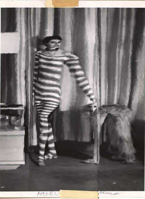 (Model wearing striped jumpsuit, with dog)