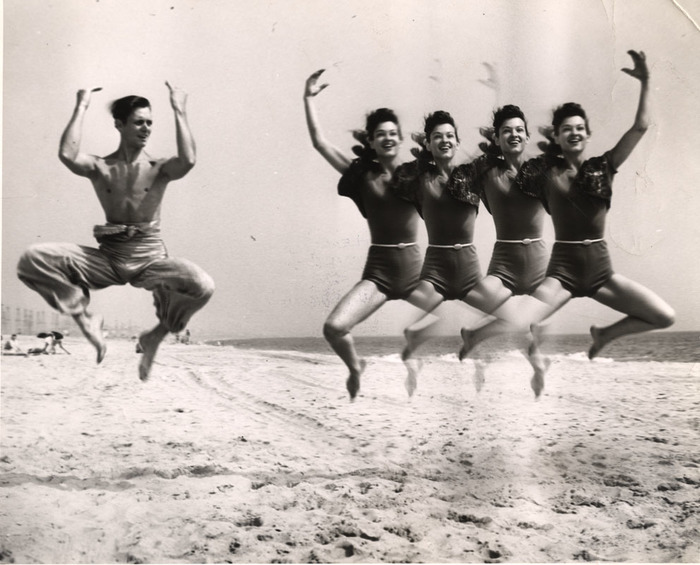 (Dancers on beach, leaping)