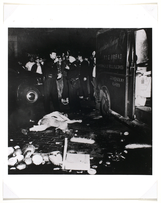 [Police and bystanders with body of bakery delivery truck driver Rudolph Supik, New York]