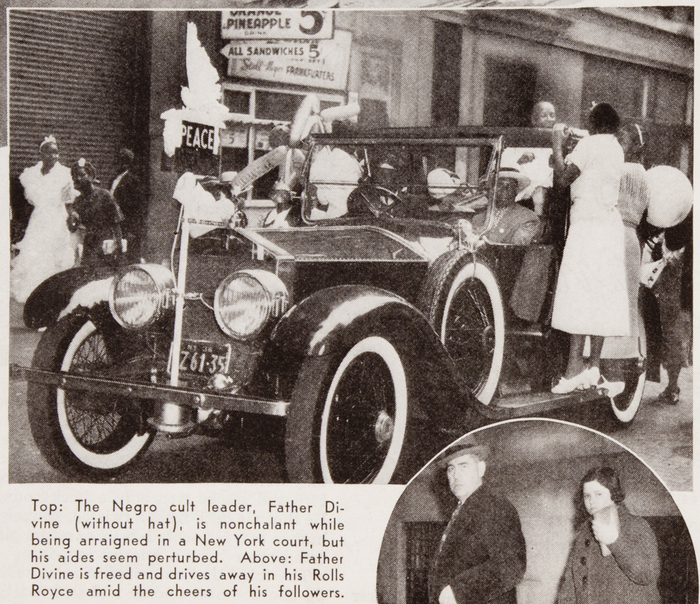 Father Divine is freed and drives away in his Rolls Royce amid cheers of his followers.
