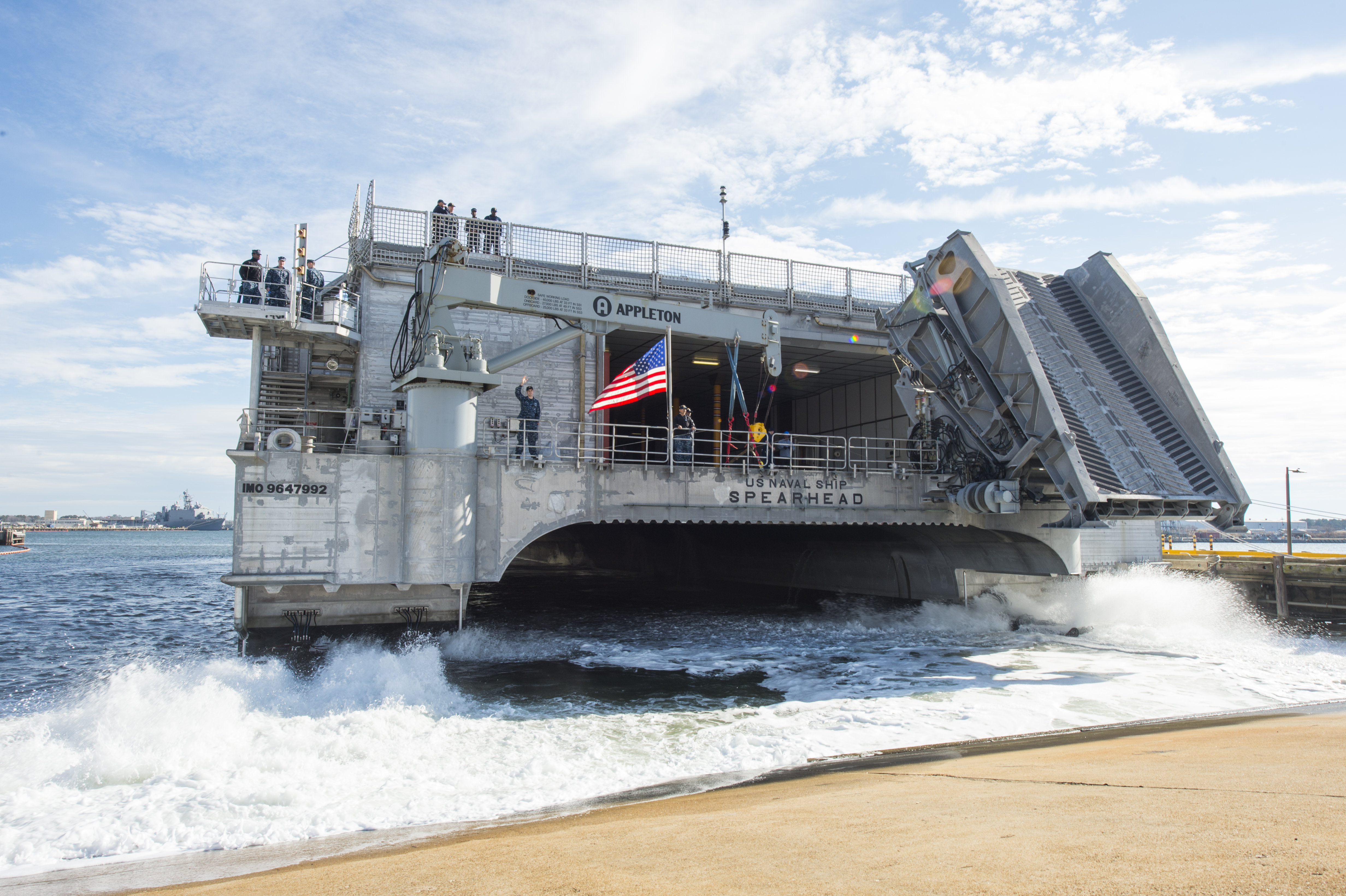 VIRGINIA BEACH, Va. (Dec. 28, 2014) The joint high-speed vessel USNS Spearhead (JHSV-1) departs Joint Expeditionary Base Little Creek-Fort Story. Spearhead is deploying to the U.S. 6th Fleet area of responsibility to support maritime security efforts and to help build partnerships in the Gulf of New Guinea and off the coast of West Africa. (U.S. Navy photo by Mass Communication Specialist 3rd Class Desmond Parks/Released)