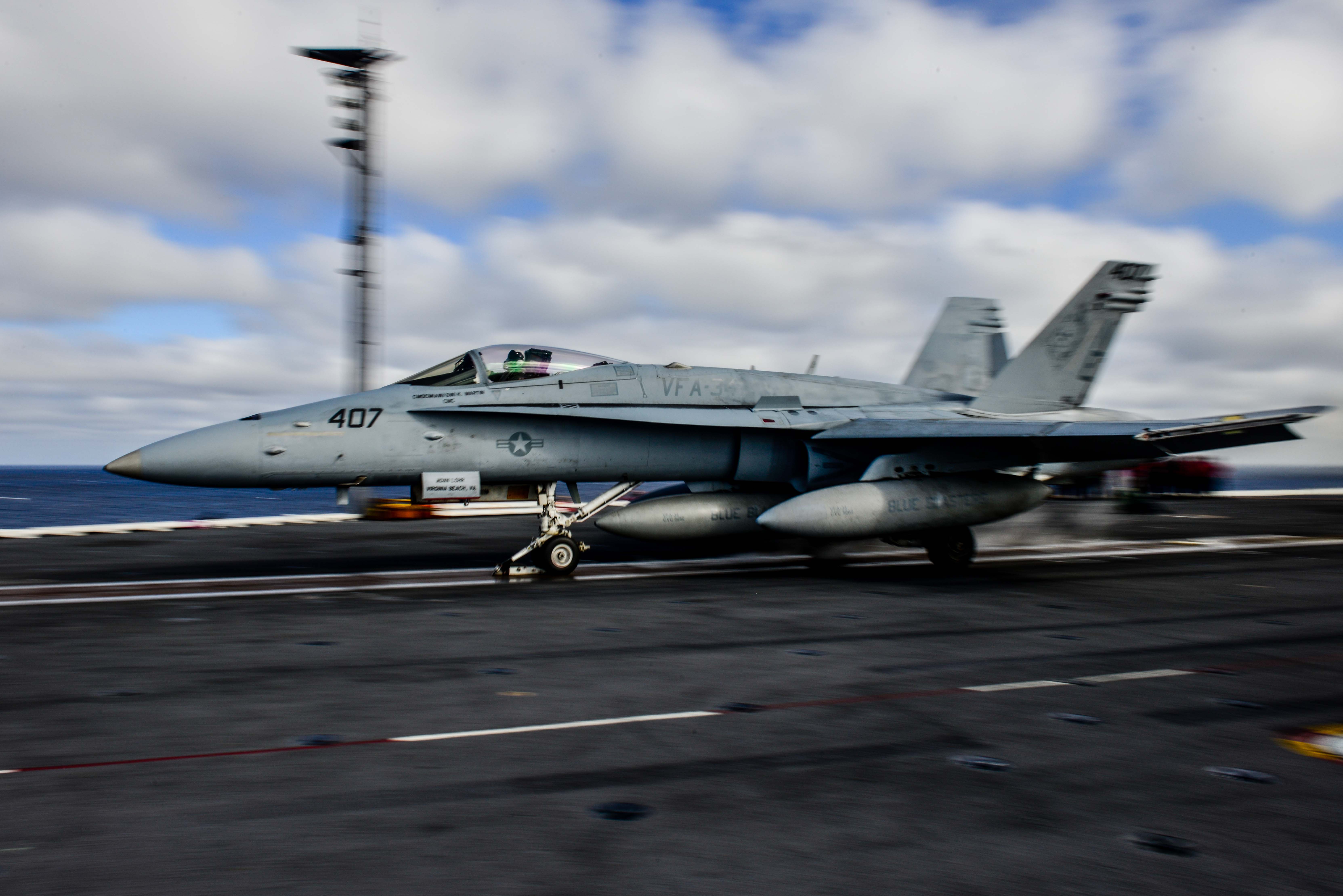 PACIFIC OCEAN (Dec. 9, 2014) An F/A-18C Hornet from the Blue Blasters of Strike Fighter Squadron (VFA) 34 is the first aircraft to launch from the flight deck of the Nimitz-class aircraft carrier USS John C. Stennis (CVN 74) since April 2013. John C. Stennis is undergoing an operational training period in preparation for future deployments. (U.S. Navy photo by Mass Communication Specialist 3rd Class Ignacio D. Perez/Released)
