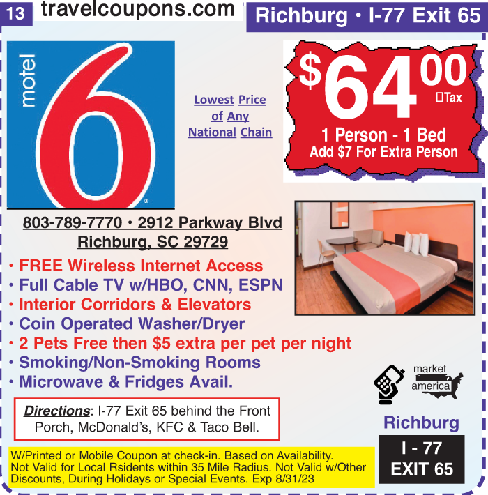 Motel 6 - Exit 65 along I-77 in South Carolina | TravelCoupons.com
