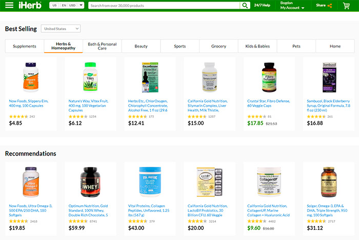 Wide products range of iHerb web store
