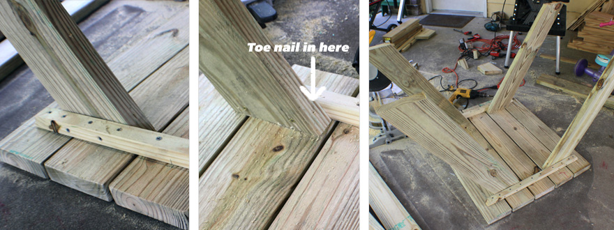 Start with a toe nail to hold the leg in place, then attach from the sides.