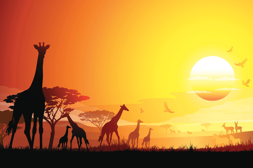 African Landscape with Herd of Giraffes Art Print Poster 18x12