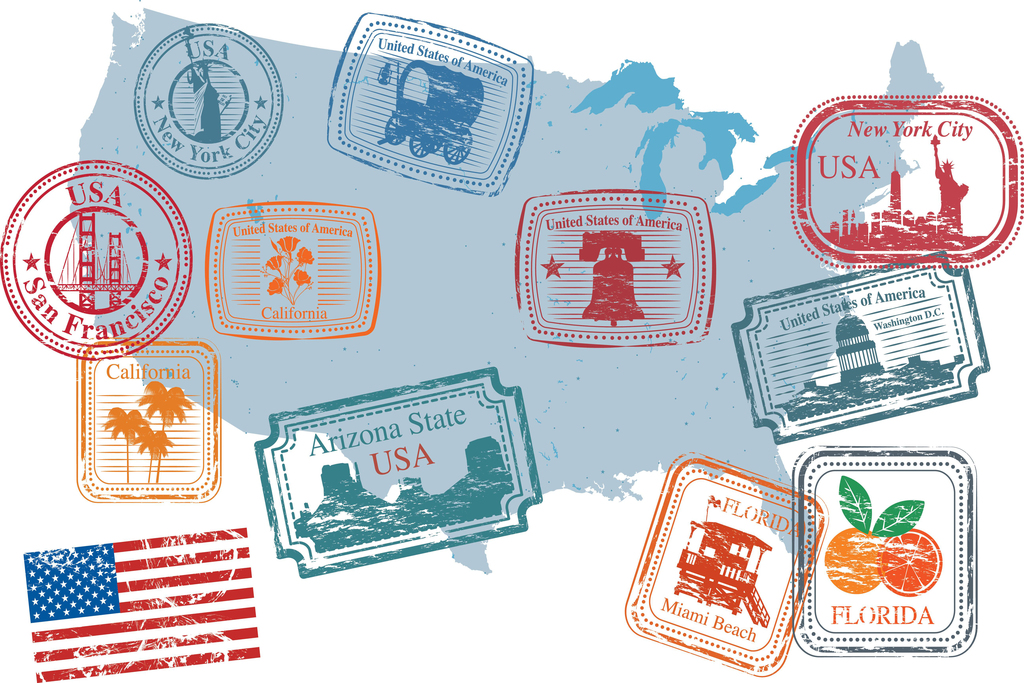 USA United States Retro Passport Postage Stamps Art Print Poster 18x12