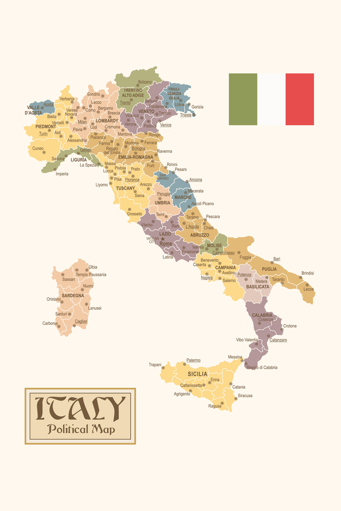 Political Map Italy Regions Provinces States Flag Vintage Style Poster 12×18