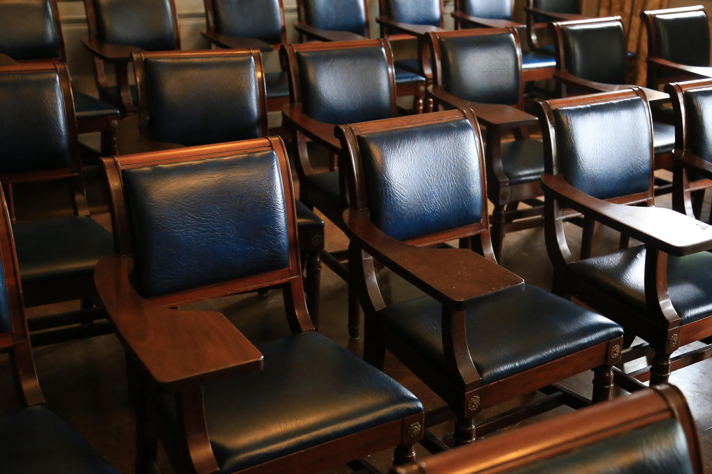 Empty Student Desks Seating College Classroom Lecture Hall Photo Poster