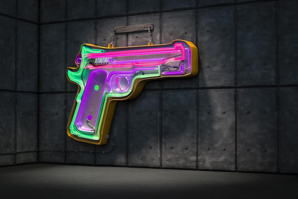 Neon Gun Sign On Concrete Wall Photo Art Print Mural Poster 36x54 inch