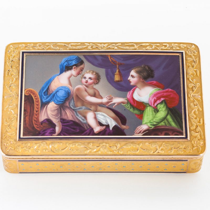 An enameled 14K yellow gold snuff box, Price Realized $15,600