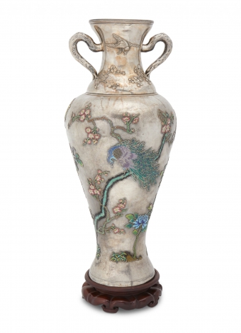 A large Chinese silver and cloisonné enamel vase, Wang Hing $10,000-$15,000