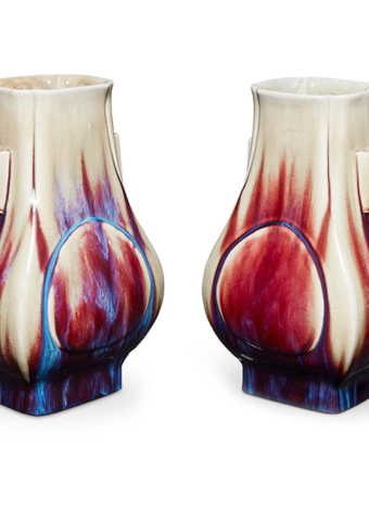 A pair of Chinese flambe porcelain fanghu vases $10,000-20,000