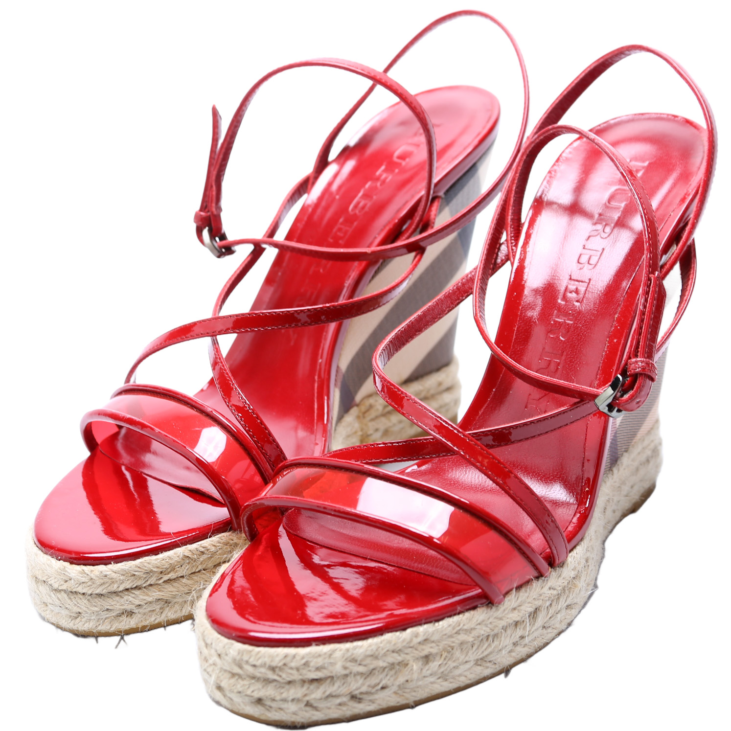Burberry Abbingdon Red Patent Haymarket Check Espadrille Wedges EU 39.5