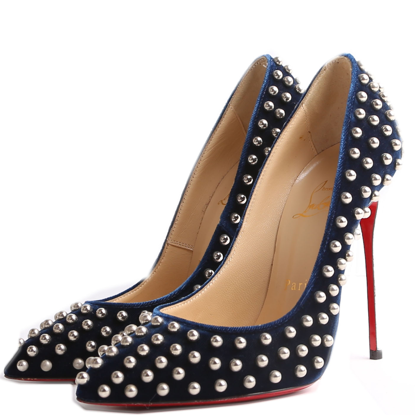 Christian Louboutin Pigalle Follies Studded Velvet Pumps Navy Blue 36